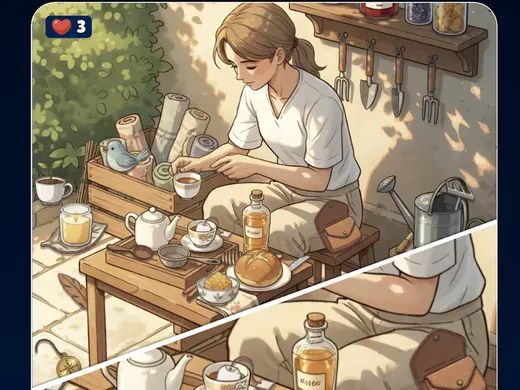 Wimmelbild aus Cozy Finds: Hidden Objects – eine Teeküche mit Kanne, Tassen und Backwerk auf dem Tisch