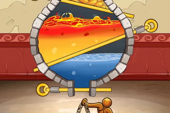Bildschirm aus Escape Time: Lustige Rätsel – ein Kippmechanismus mit Lava und Wasser als Rätselaufgabe